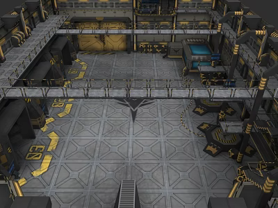 Industrial Plant Interior With Multi Level Metal Platforms Gray Floor And Yellow Markings 3d model