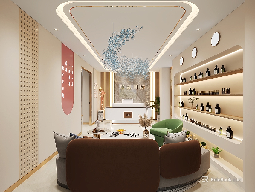 Elegant Modern Beauty Salon Interior With Sofas Product Shelves Plants Reception Area And Decorative Lighting 3d model 