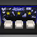 Music Themed Backdrop With White Sofas Guitar Microphone Stars And Headphones