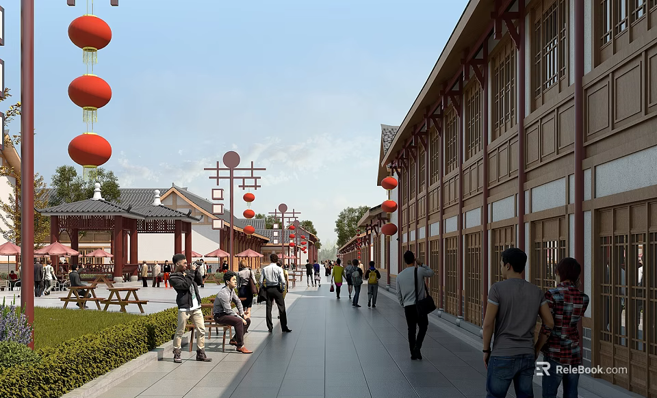 Vibrant Chinese Commercial Street with Red Lanterns Traditional Buildings and Pedestrians Walking 3d model 