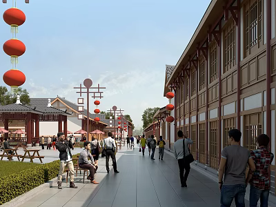 Vibrant Chinese Commercial Street with Red Lanterns Traditional Buildings and Pedestrians Walking 3d model