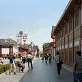 Vibrant Chinese Commercial Street with Red Lanterns Traditional Buildings and Pedestrians Walking