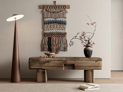 Natural Style Console Table Decor With Wooden Bench Macrame Hanging Flower Vase And Floor Lamp 3d model