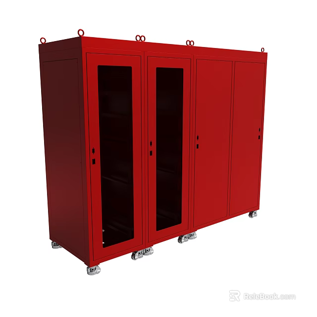 Red Storage Cabinet With Glass Doors And Lockable Wheels For Secure Storage 3d model 