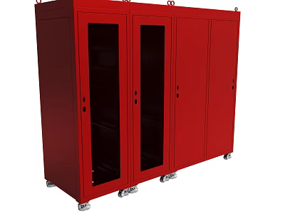 Red Storage Cabinet With Glass Doors And Lockable Wheels For Secure Storage 3d model