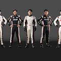 Five Men In Race Suits Standing With Hands On Hips Black Background