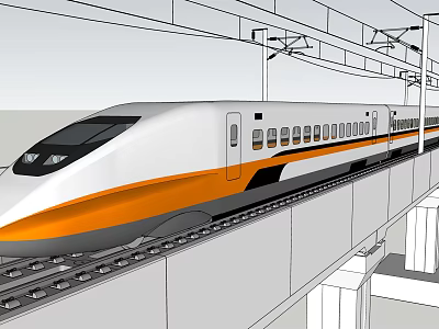 White And Orange High Speed Train Traveling On Elevated Railway Track With Overhead Cables 3d model
