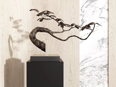 Metal Branch Decorative Ornament Set with Black Base and Wooden Marble Wall Background 3d model