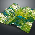 Lush Garden Landscape Featuring 3D Terrain Model Green Vegetation And Blue Lake