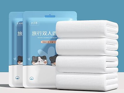 Travel Double Person Four Pieces White Towels With Portable Packaging And Cartoon Cat Design 3d model