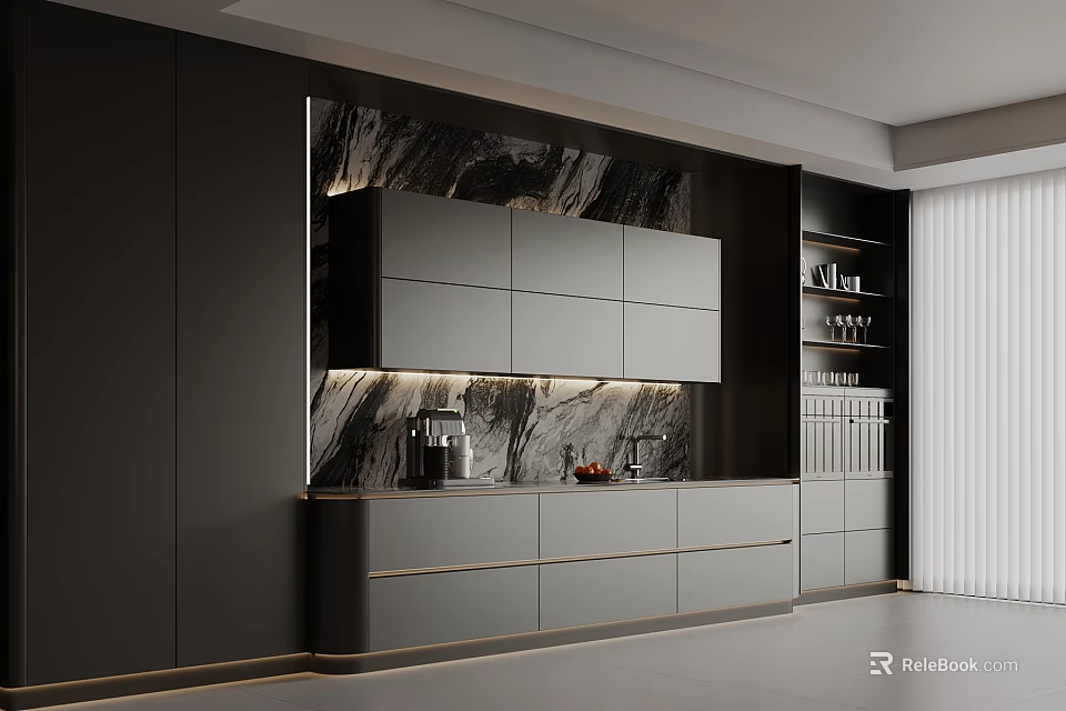 Stylish Modern Kitchen Interior With Sleek Dark Gray Cabinets And Marble Backsplash 3d model 