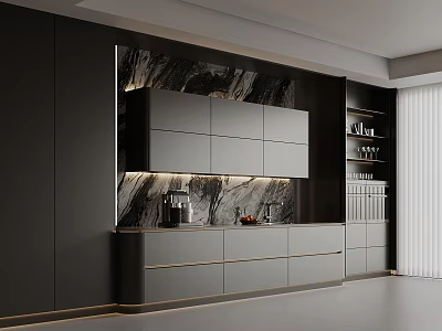 Stylish Modern Kitchen Interior With Sleek Dark Gray Cabinets And Marble Backsplash 3d model