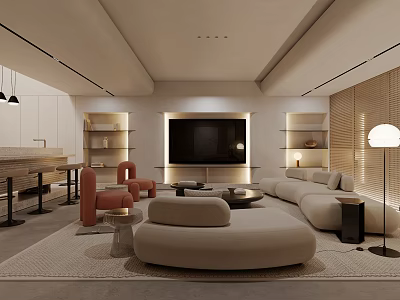 Modern Living Room Interior Design With Beige Curved Sofa TV Wall Shelves And Orange Chairs 3d model