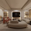 Modern Living Room Interior Design With Beige Curved Sofa TV Wall Shelves And Orange Chairs