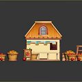 Wooden Fruit Stand with Orange Roof Awning and Baskets of Fresh Apples Oranges