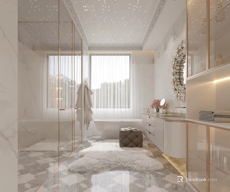 Elegant Modern Bathroom Interior With Marble Walls Freestanding Tub Glass Shower And Vanity 3d model 