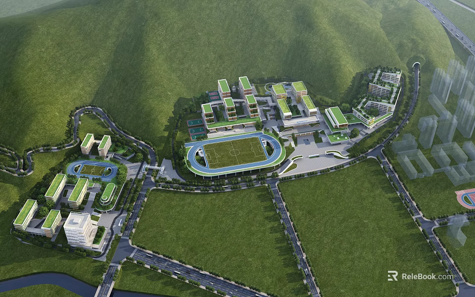 Modern School Buildings Surrounded By Green Hills With Sports Field And Campus Roads 3d model 