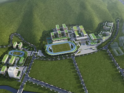 Modern School Buildings Surrounded By Green Hills With Sports Field And Campus Roads 3d model