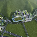 Modern School Buildings Surrounded By Green Hills With Sports Field And Campus Roads