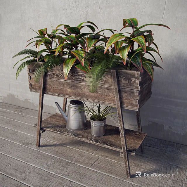 Wooden Planter Shelf With Colorful Leafy Plants And Silver Watering Can 3d model 