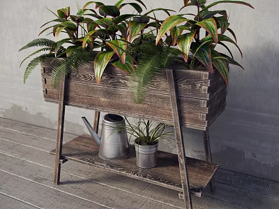 Wooden Planter Shelf With Colorful Leafy Plants And Silver Watering Can 3d model