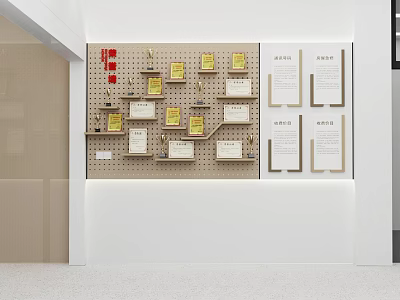 Minimalist Wall Display With Wooden Shelves Cards And Neatly Arranged Notes 3d model