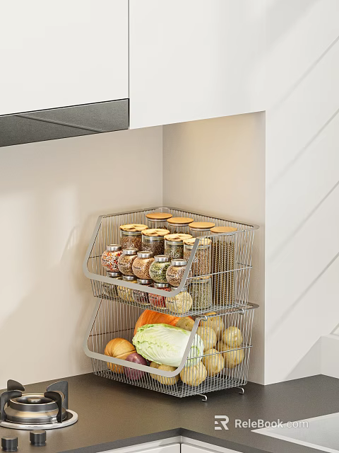 Organized Fresh Fruits Storage On Kitchen Wire Shelf With Glass Jars And Veggies 3d model 