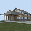 Wooden House on Hillside With Sloped Roof Balcony and Green Grass Surroundings