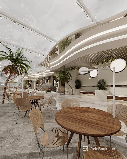 Modern Restaurant Interior Design With Wooden Tables Palm Trees And Hanging Lights 3d model 