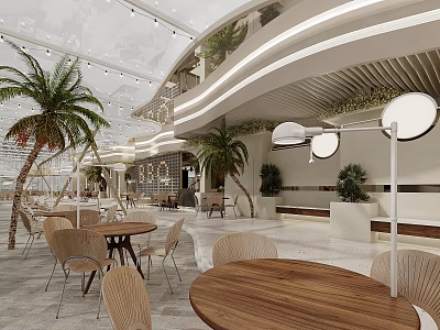 Modern Restaurant Interior Design With Wooden Tables Palm Trees And Hanging Lights 3d model