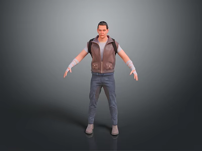 Man In Brown Vest Blue Jeans With Backpack And White Wristbands Arms Outstretched Gray Background 3d model