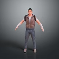 Man In Brown Vest Blue Jeans With Backpack And White Wristbands Arms Outstretched Gray Background