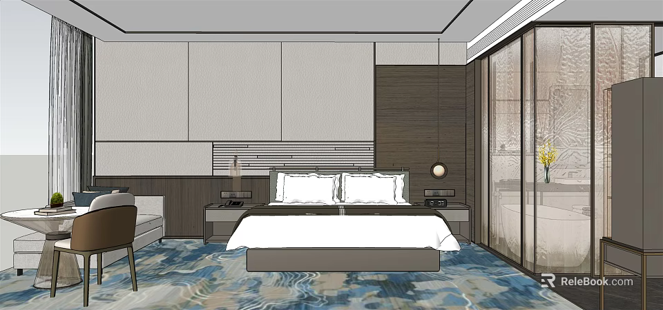 Modern Hotel Guest Room Interior With King Bed Nightstands And Blue Carpet 3d model 