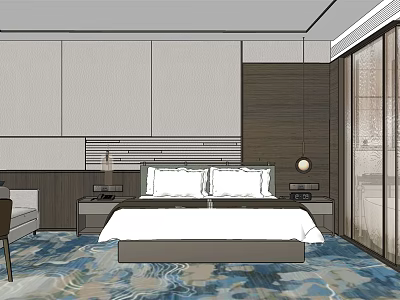 Modern Hotel Guest Room Interior With King Bed Nightstands And Blue Carpet 3d model