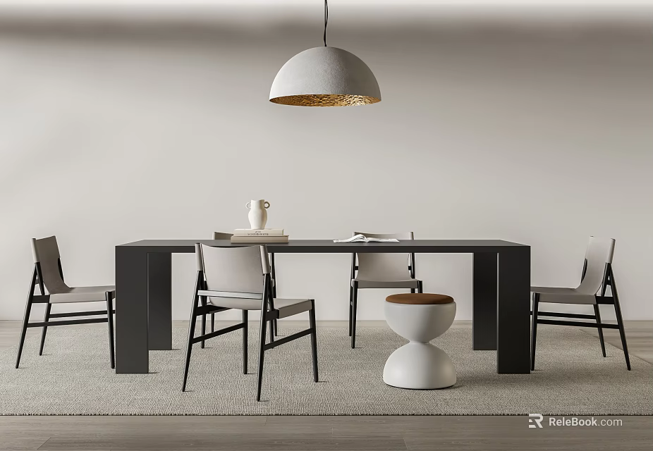 Modern Dining Table Set With Black Rectangular Table Four Light Chairs And White Pendant Light 3d model