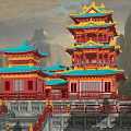 Traditional Chinese Ancient Architecture Multi Tiered Pagoda With Curved Eaves And Mountain Backdrop