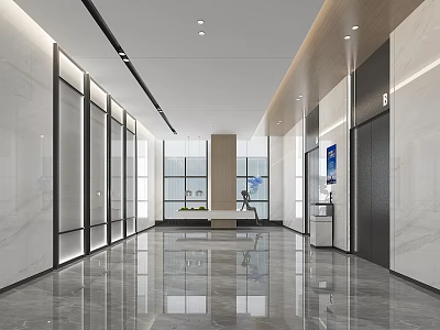 Modern Elevator Hallway With Marble Floor Glass Doors And Recessed Lighting Design 3d model