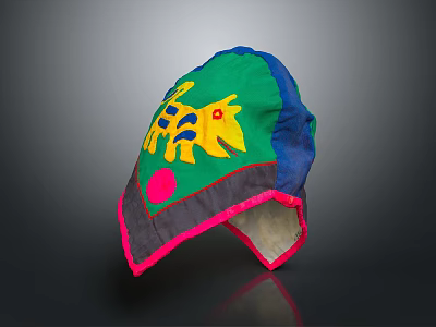Colorful Cloth Hat With Green Blue Fabric Yellow Animal Pattern And Pink Edge Trim 3d model