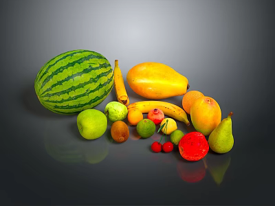 Colorful Assorted Fresh Fruits Watermelon Banana Mango Apple Pear Strawberry Arranged Together on Black Background 3d model