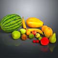 Colorful Assorted Fresh Fruits Watermelon Banana Mango Apple Pear Strawberry Arranged Together on Black Background