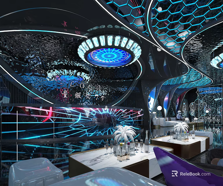 Modern KTV Interior Design With Neon Lights Comfortable Sofas And Bar Counter Entertainment Space 3d model 