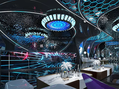 Modern KTV Interior Design With Neon Lights Comfortable Sofas And Bar Counter Entertainment Space 3d model