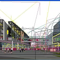 Modern Commercial Street with Glass Facade Buildings Pedestrian Bridge and Busy Pedestrians Near Green Trees