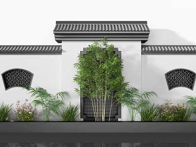 Traditional Chinese Building Exterior Wall Featuring Tiled Roof Fan Shaped Windows And Bamboo Plants 3d model