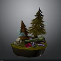Pine And Brown Trees In Miniature Landscape With Grass Stones Colorful Mushrooms And Glowing Elements