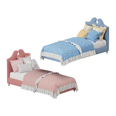 Cute Kids Bed with Blue Pink Bedding Star Pattern Ruffle Edges and Pillows 3d model