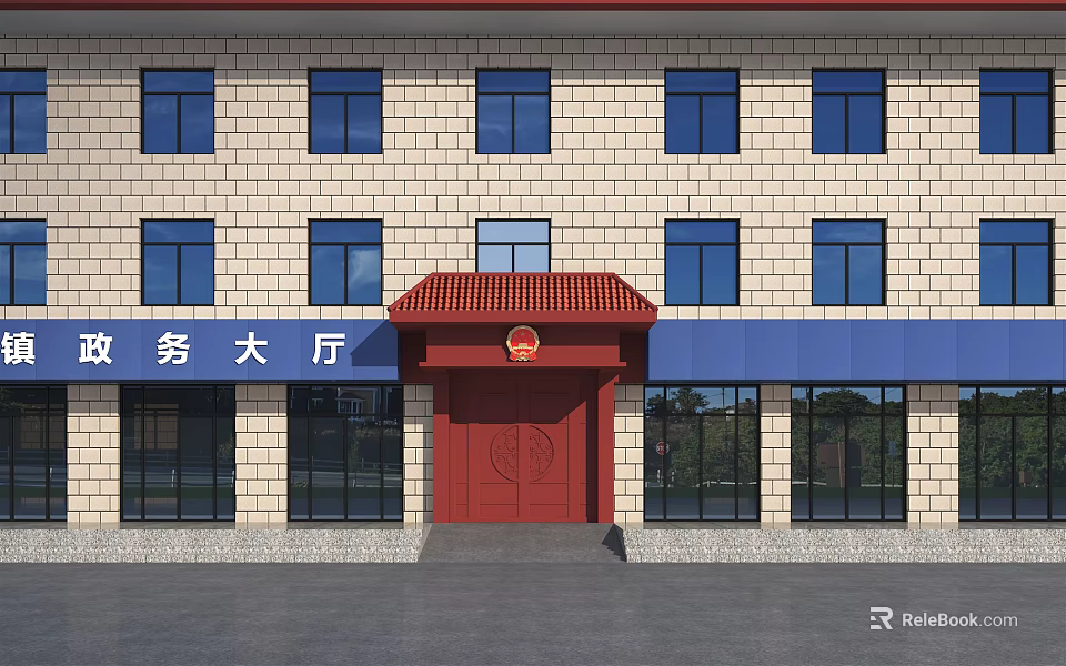 Red Entrance Gate With National Emblem For Government Service Hall Brick Wall Blue Awning 3d model 