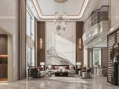 Chinese Style Living Room Interior Design With Hanging Chandelier Mountain Painting And Sofa 3d model