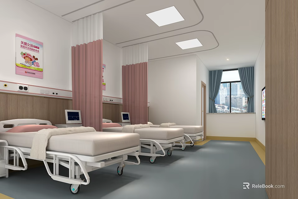 Children's Hospital Ward Interior With Medical Beds Monitors And Colorful Curtains 3d model 