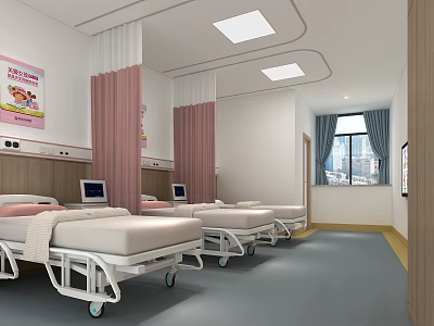 Children's Hospital Ward Interior With Medical Beds Monitors And Colorful Curtains 3d model